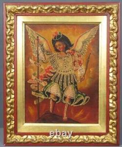 Tableau Ancien Huile Religieux Archange Saint Michel Ecole de Cuzco Pérou XXème