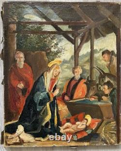 Tableau Ancien Huile Religion Noël Naissance de L'enfant XXème Siècle