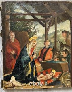 Tableau Ancien Huile Religion Noël Naissance de L'enfant XXème Siècle