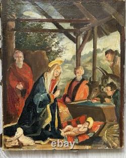 Tableau Ancien Huile Religion Noël Naissance de L'enfant XXème Siècle