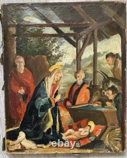 Tableau Ancien Huile Religion Noël Naissance de L'enfant XXème Siècle