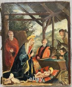 Tableau Ancien Huile Religion Noël Naissance de L'enfant XXème Siècle