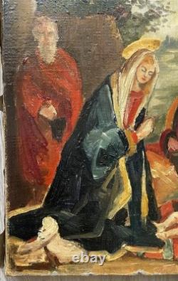 Tableau Ancien Huile Religion Noël Naissance de L'enfant XXème Siècle