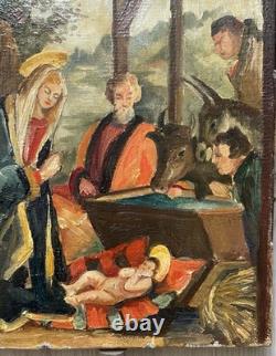Tableau Ancien Huile Religion Noël Naissance de L'enfant XXème Siècle