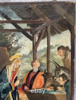 Tableau Ancien Huile Religion Noël Naissance de L'enfant XXème Siècle