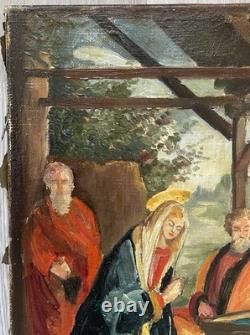 Tableau Ancien Huile Religion Noël Naissance de L'enfant XXème Siècle
