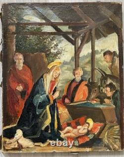 Tableau Ancien Huile Religion Noël Naissance de L'enfant XXème Siècle