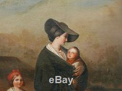 Tableau Ancien Huile Romantique Scène Mère Enfants Portrait Paysage Mer XIX 1850