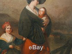 Tableau Ancien Huile Romantique Scène Mère Enfants Portrait Paysage Mer XIX 1850