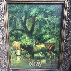 Tableau Ancien Huile Sur Bois Entoilé Vaches Et Verdures Signé