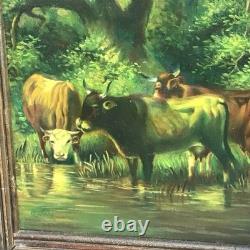 Tableau Ancien Huile Sur Bois Entoilé Vaches Et Verdures Signé