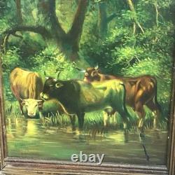 Tableau Ancien Huile Sur Bois Entoilé Vaches Et Verdures Signé