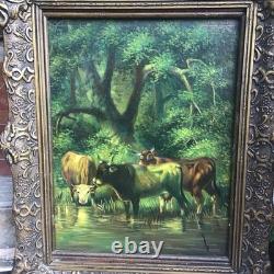 Tableau Ancien Huile Sur Bois Entoilé Vaches Et Verdures Signé