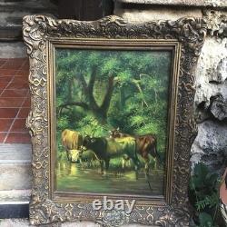 Tableau Ancien Huile Sur Bois Entoilé Vaches Et Verdures Signé