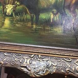 Tableau Ancien Huile Sur Bois Entoilé Vaches Et Verdures Signé