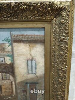 Tableau Ancien Huile Sur Carton Scène De Village