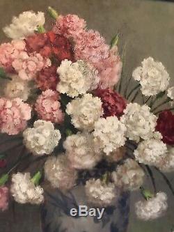 Tableau Ancien Huile Sur Panneau Fleurs Bouquet Oeillets