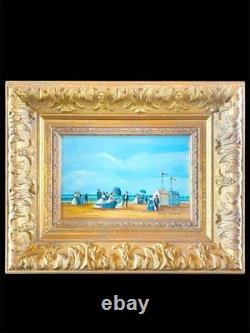 Tableau Ancien Huile Sur Panneau Marine Belle Epoque Signée Balneaire Cadre Doré
