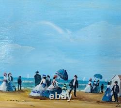 Tableau Ancien Huile Sur Panneau Marine Belle Epoque Signée Balneaire Cadre Doré