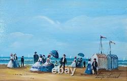 Tableau Ancien Huile Sur Panneau Marine Belle Epoque Signée Balneaire Cadre Doré