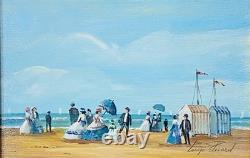 Tableau Ancien Huile Sur Panneau Marine Belle Epoque Signée Balneaire Cadre Doré