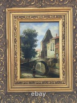 Tableau Ancien Huile Sur Panneau Paysage D'une Ville Avec Un Pont