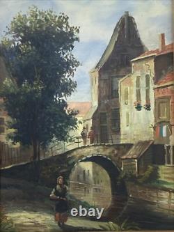 Tableau Ancien Huile Sur Panneau Paysage D'une Ville Avec Un Pont