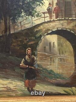 Tableau Ancien Huile Sur Panneau Paysage D'une Ville Avec Un Pont