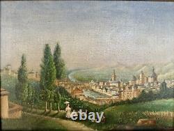 Tableau Ancien Huile Sur Toile Attribué A L'ecole Italienne. Paysage Romantique