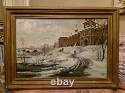 Tableau Ancien, Huile Sur Toile Russe, Paysage De Neige, Signée