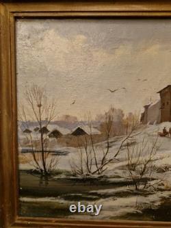 Tableau Ancien, Huile Sur Toile Russe, Paysage De Neige, Signée