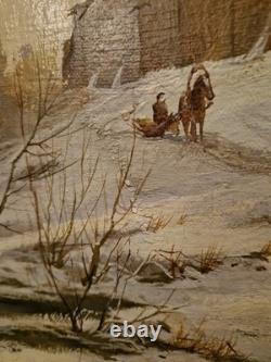 Tableau Ancien, Huile Sur Toile Russe, Paysage De Neige, Signée