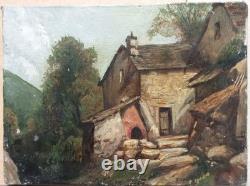 Tableau Ancien Huile Toile Paysage Maison Campagne 19 Ème Siècle