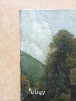Tableau Ancien Huile Toile Paysage Maison Campagne 19 Ème Siècle