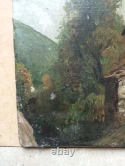 Tableau Ancien Huile Toile Paysage Maison Campagne 19 Ème Siècle