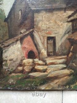 Tableau Ancien Huile Toile Paysage Maison Campagne 19 Ème Siècle