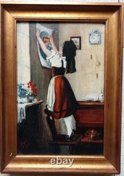 Tableau Ancien Huile Toile Portrait Femme Militaire Souvenir Signé 1919