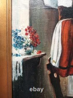 Tableau Ancien Huile Toile Portrait Femme Militaire Souvenir Signé 1919
