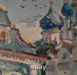 Tableau Ancien Huile Ville Vue de Cathédrale animé Impressionniste XXème