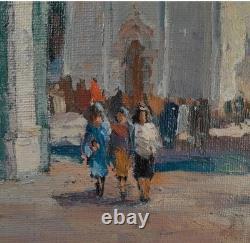 Tableau Ancien Huile Ville Vue de Cathédrale animé Impressionniste XXème