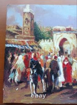 Tableau Ancien Huile peinture Orientaliste scène de marché XXème
