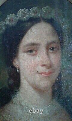 Tableau Ancien Huile portrait jeune fille. 19 eme École Francaise/Old painting