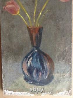 Tableau Ancien Huile proche Kees Van DONGEN Vase de Tulipes sur fond gris c1900