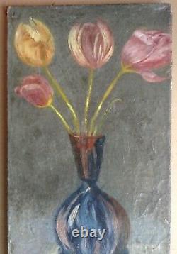 Tableau Ancien Huile proche Kees Van DONGEN Vase de Tulipes sur fond gris c1900