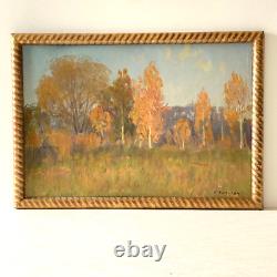 Tableau Ancien Huile s/Carton Ecole Russe Paysage L'été Indien- Signé