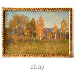 Tableau Ancien Huile s/Carton Ecole Russe Paysage L'été Indien- Signé