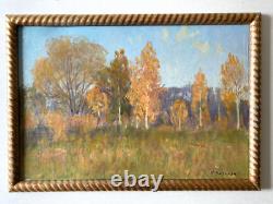 Tableau Ancien Huile s/Carton Ecole Russe Paysage L'été Indien- Signé