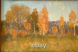 Tableau Ancien Huile s/Carton Ecole Russe Paysage L'été Indien- Signé