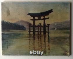Tableau Ancien Huile signée J. P. Paysage Le Torii de Miyajima JAPON à restaurer