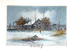 Tableau Ancien Huile sur Toile Campagne Enneigée avec Cavalier Caucase
